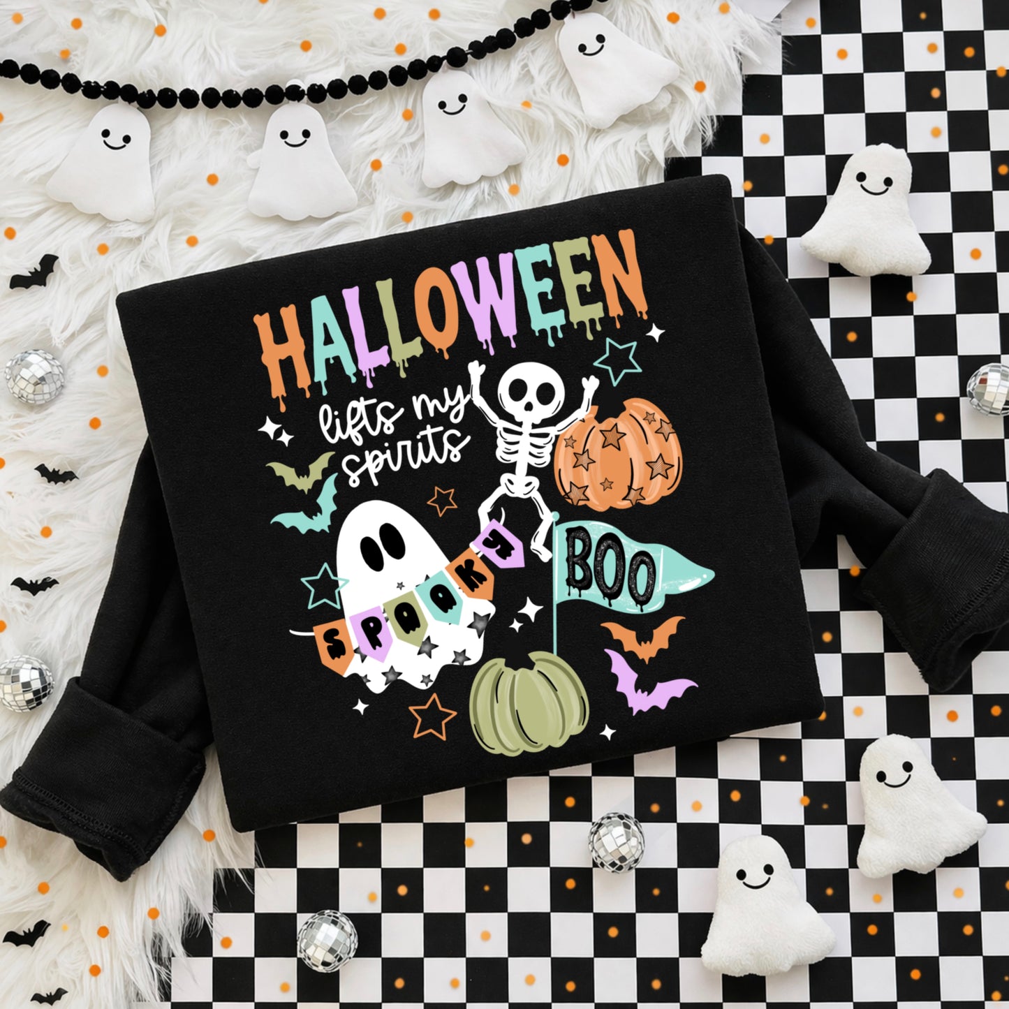 Halloween Lifts My Spirits Spooky Ghost & Skeleton Crewneck Sweatshirt 👻🎃💀