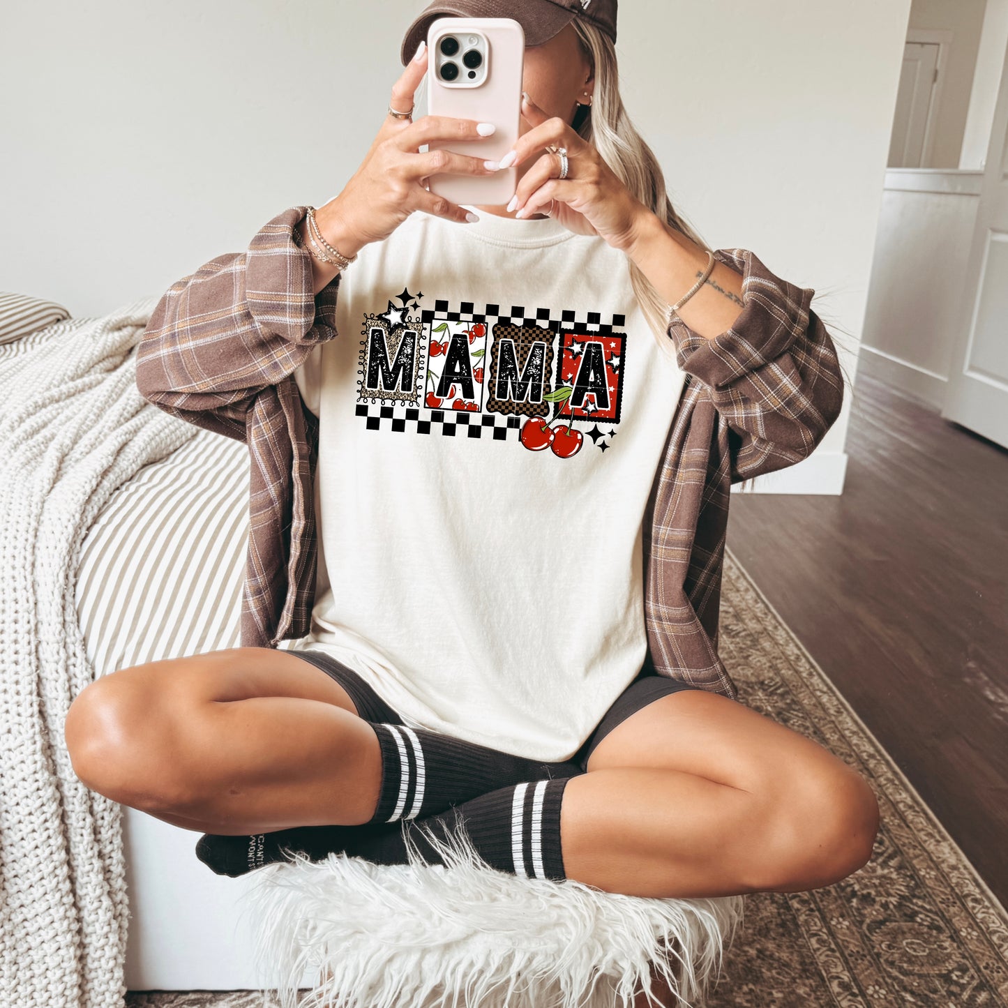 Mama Cherry Checkerboard Tee | Trendy Mom Graphic Shirt