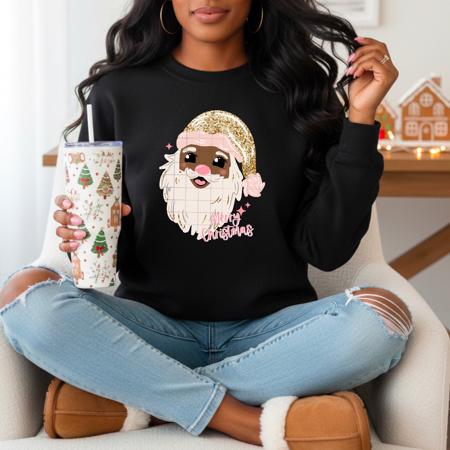 🎀✨ Pink Glitter Santa Merry Christmas Sweatshirt 🎅💖