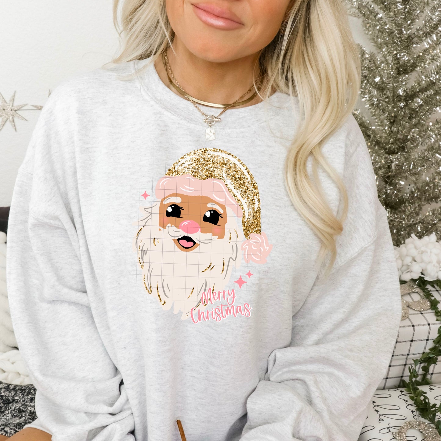 🎅✨ Pink Glitter Santa “Merry Christmas” Sweatshirt – Cute Holiday Pullover