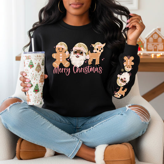 🎄✨ Merry Christmas Santa • Gingerbread • Deer Sleeve Sweatshirt – Black Cozy Holiday Pullover