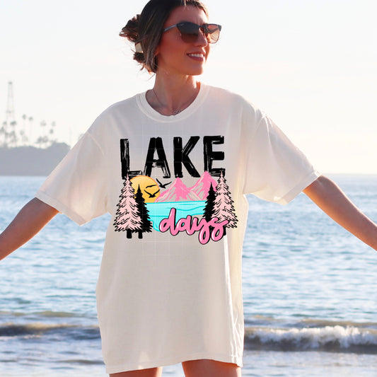 Lake Days Graphic Tee – Retro Pastel Outdoors Vibes – White