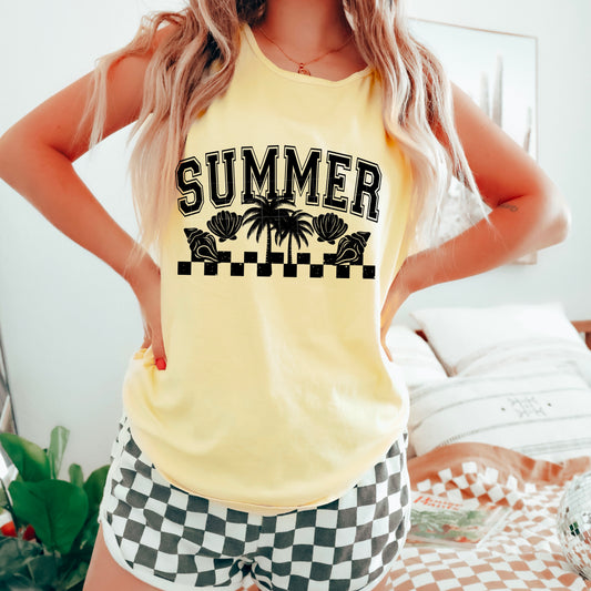 SUMMER Checkerboard Palm Tree Tank – Retro Beach Graphic Tee