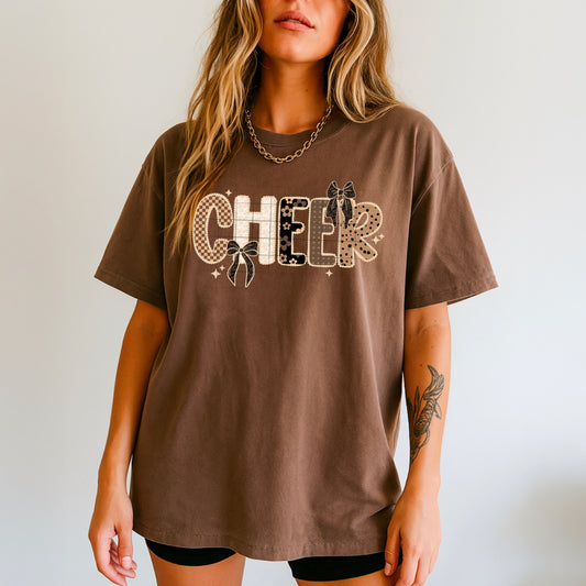 📣 CHEER Retro Patchwork Graphic Tee 🤎 Cheerleader Aesthetic T-Shirt ✨ Game Day Spirit Shirt