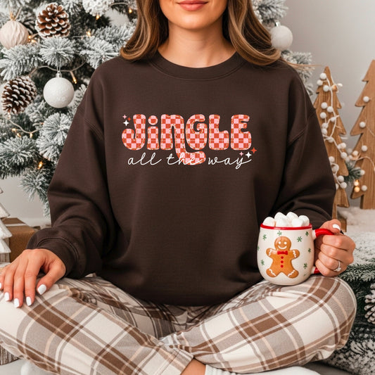 🎄 Jingle All The Way Christmas Sweatshirt ❤️ Retro Checkered Jingle Script Holiday Crewneck ✨