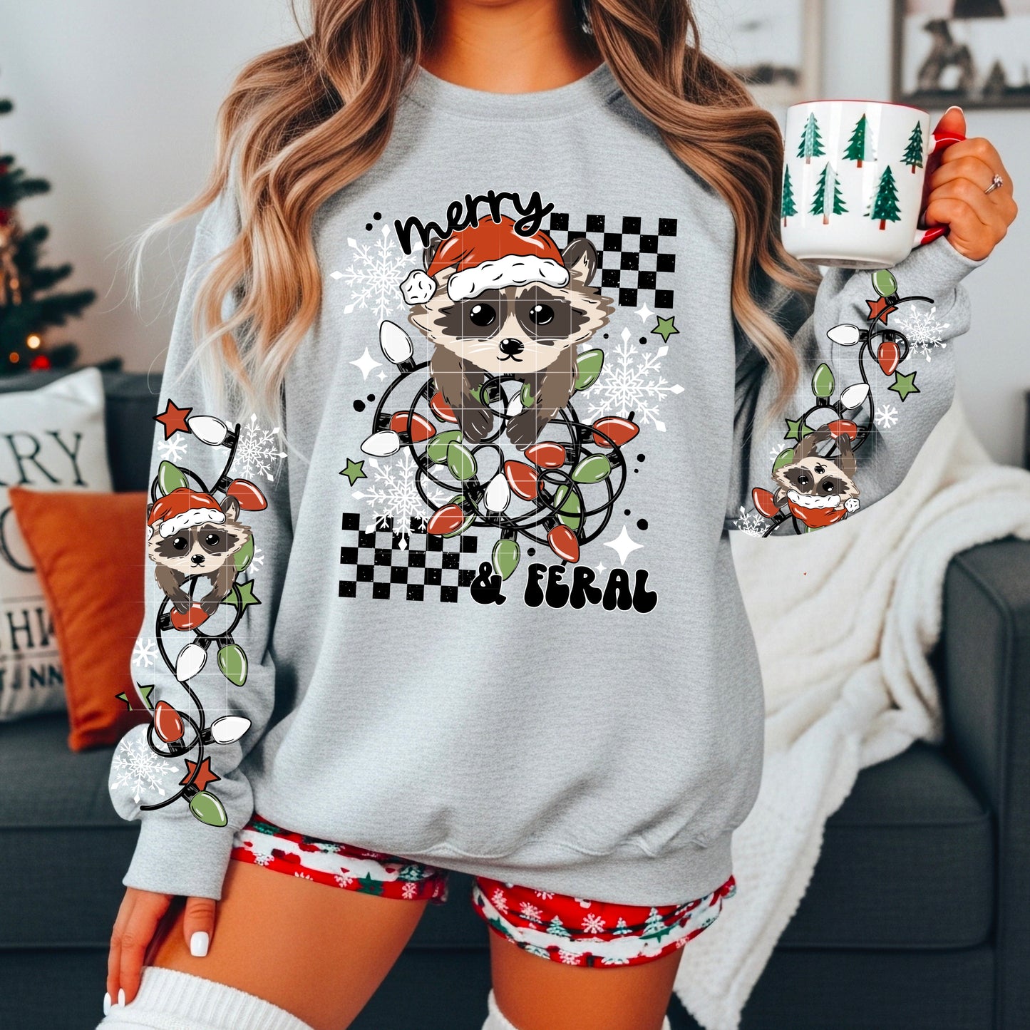 🎄 Merry & Feral Christmas Sweatshirt 🦝✨ Funny Raccoon Holiday Crewneck with Christmas Lights
