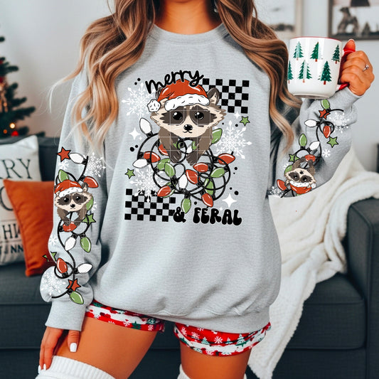 🎄 Merry & Feral Christmas Sweatshirt 🦝✨ Funny Raccoon Holiday Crewneck with Christmas Lights