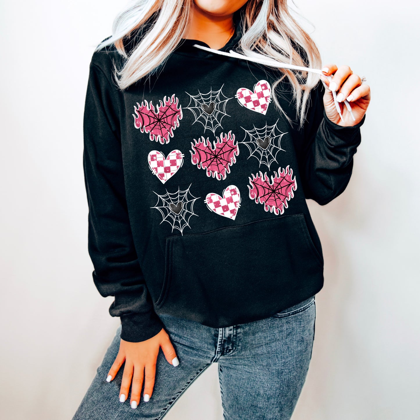 Flame Hearts and Webs Pink Women's Graphic Hoodie