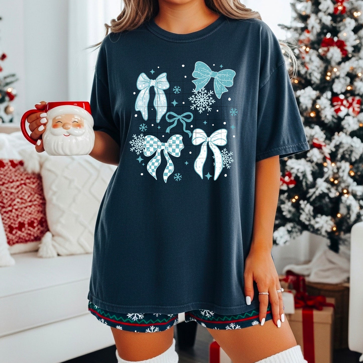Blue Christmas Bows & Snowflakes Holiday Graphic Tee