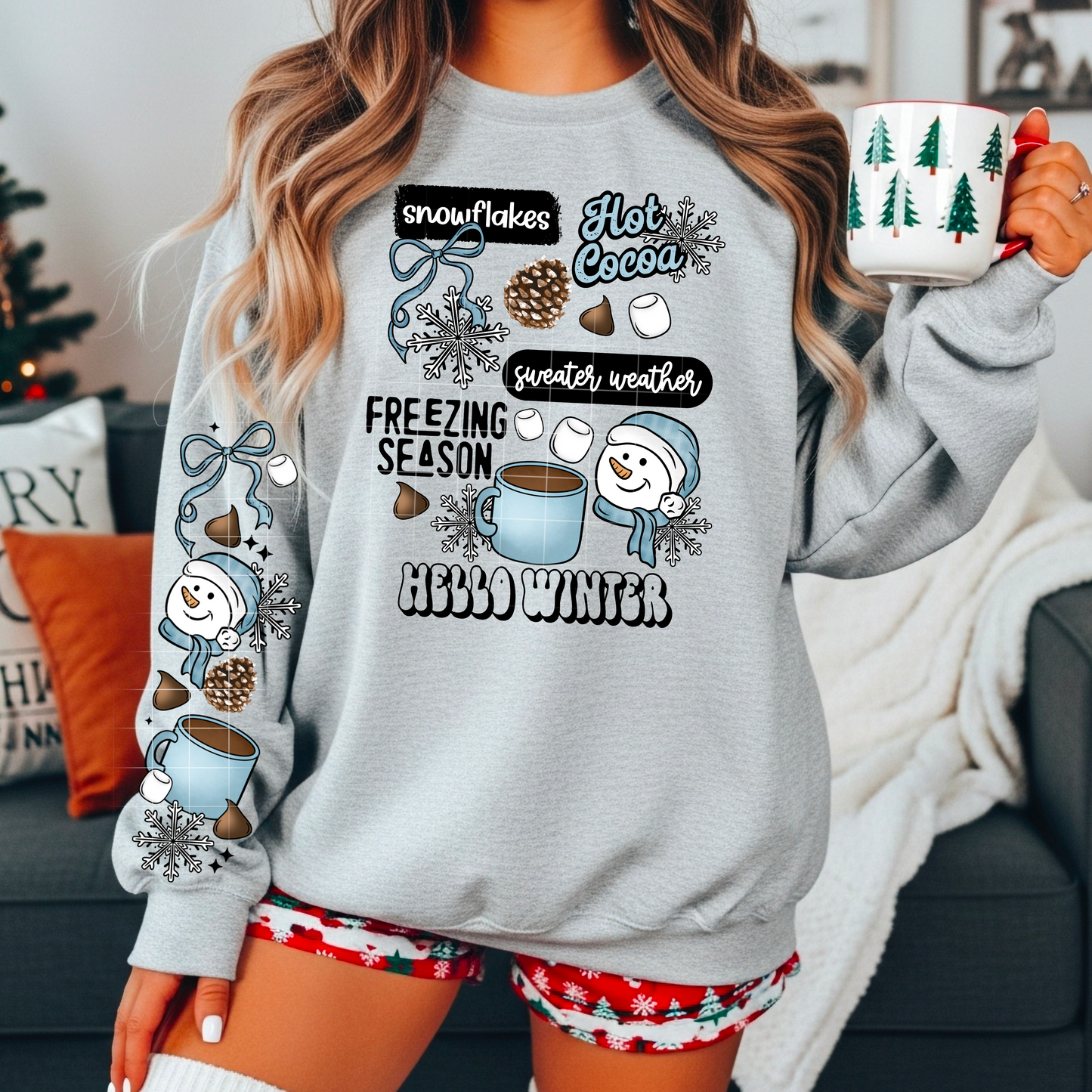 Hello Winter Sweatshirt | Cozy Hot Cocoa & Snowflake Crewneck | Cute Winter Sweater Weather Pullover with Sleeves