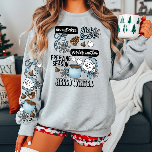 Hello Winter Sweatshirt | Cozy Hot Cocoa & Snowflake Crewneck | Cute Winter Sweater Weather Pullover with Sleeves