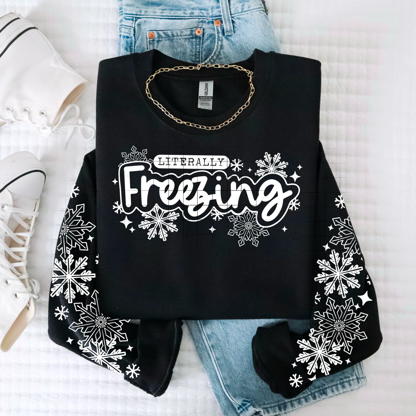 ❄️ Product Title:  Literally Freezing Sweatshirt | Snowflake Sleeve Winter Crewneck | Cozy Cold Weather Pullover With Sleeves