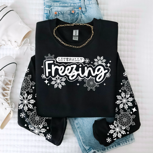 ❄️ Product Title:  Literally Freezing Sweatshirt | Snowflake Sleeve Winter Crewneck | Cozy Cold Weather Pullover With Sleeves