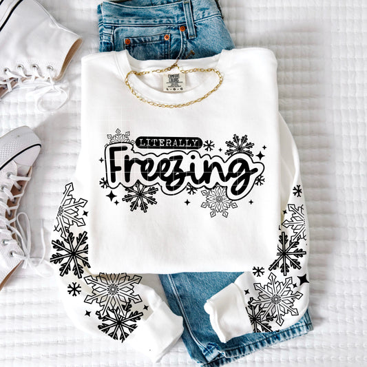 ❄️ Product Title:  Literally Freezing Sweatshirt | Snowflake Sleeve Winter Crewneck | Cozy Cold Weather Pullover With Sleeves