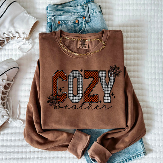 Cozy Weather Sweatshirt – Plaid Checkered Lettering | Fall & Winter Comfy Crewneck