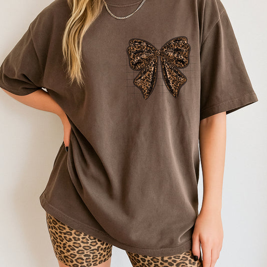 Leopard Bow Pocket Graphic Tee – Trendy Neutral Shirt