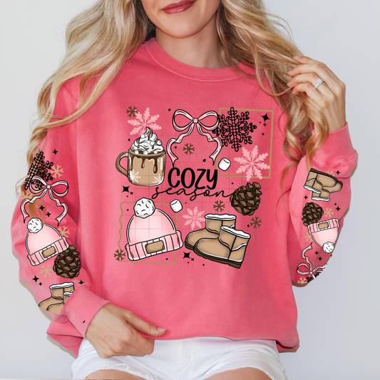 Cozy Season Sweatshirt with Sleeves – Winter Coffee, Beanie & Boots Graphic   | Pink Cozy Holiday Pullover