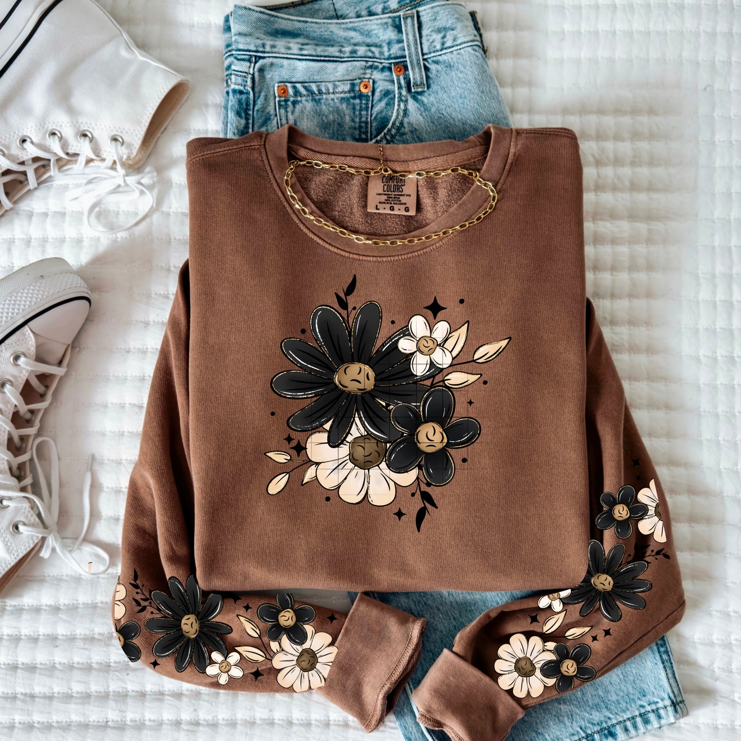Neutral Black & Cream Floral Sweatshirt with floral sleeves – Cozy Retro Bloom Pullover