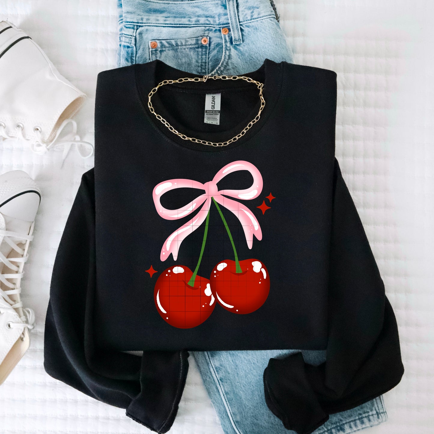 🍒 Cute Cherry Bow Sweatshirt – Retro Y2K Aesthetic | Glossy Cherries with Pink Ribbon | Cozy Unisex Crewneck