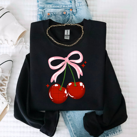 🍒 Cute Cherry Bow Sweatshirt – Retro Y2K Aesthetic | Glossy Cherries with Pink Ribbon | Cozy Unisex Crewneck