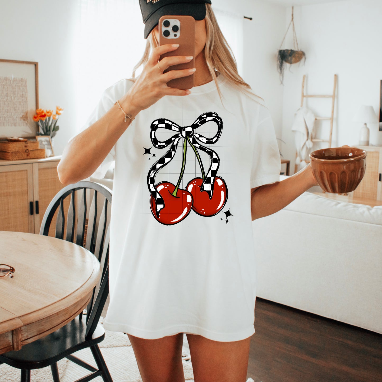 🍒 Checkered Bow Cherry T-Shirt – Retro Y2K Graphic Tee | Cute Coquette Aesthetic | Unisex Soft Cotton Tee