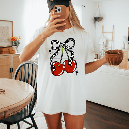 🍒 Checkered Bow Cherry T-Shirt – Retro Y2K Graphic Tee | Cute Coquette Aesthetic | Unisex Soft Cotton Tee