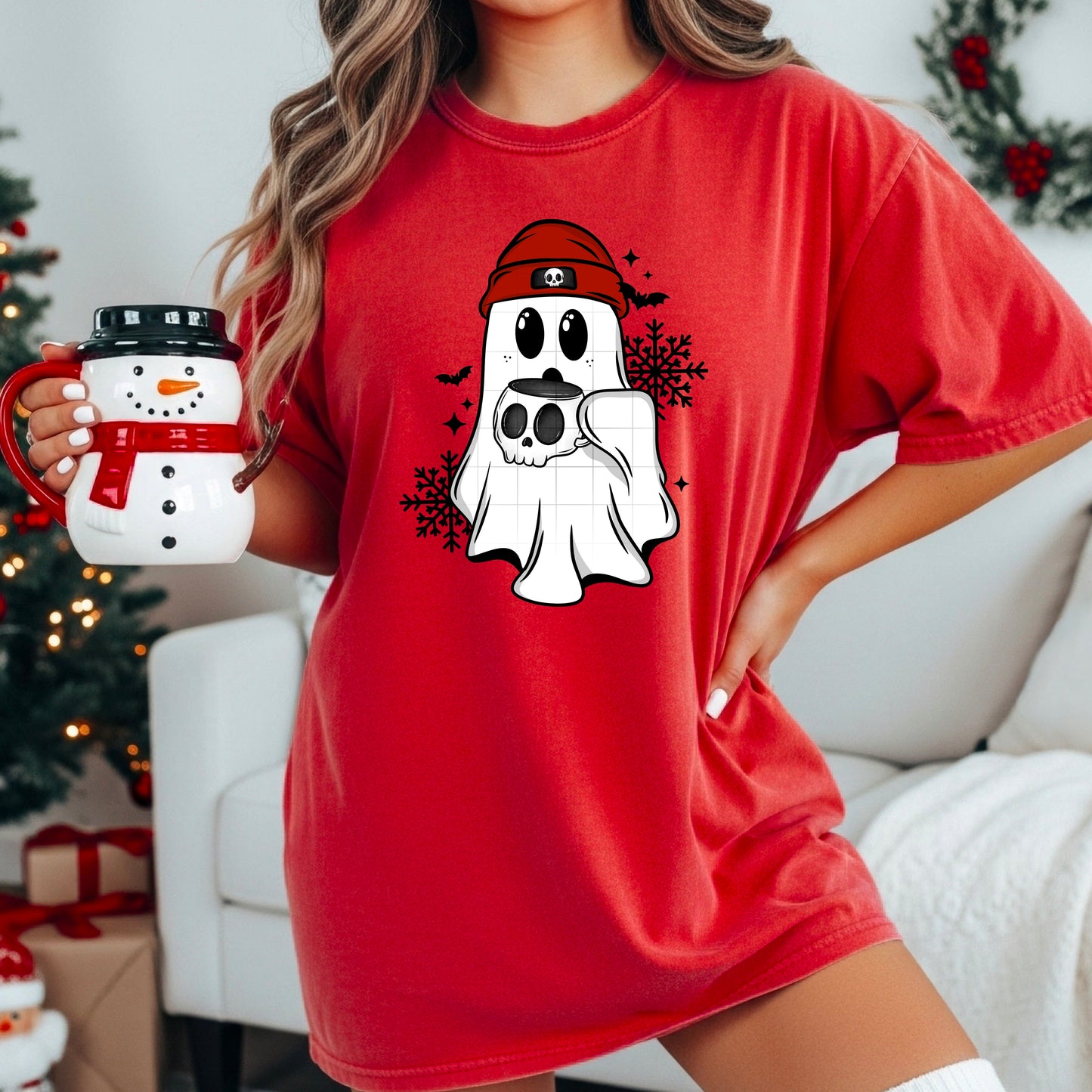 👻 Ghost Coffee T-Shirt – Cute Spooky Holiday Tee | Cozy Winter Ghost with Beanie & Skull Mug | Unisex Soft Cotton Top
