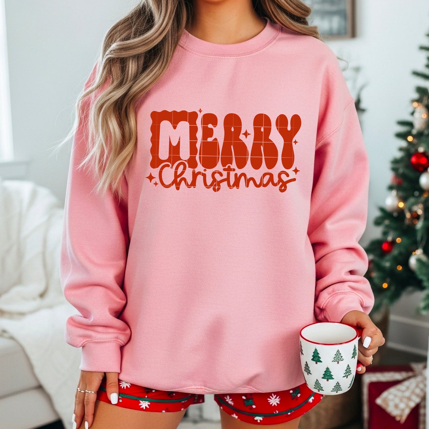💗 Merry Christmas Sweatshirt 🎄 Pink Retro Holiday Crewneck ✨ Cute Festive Christmas Sweater