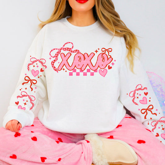 XOXO Valentine’s Sweatshirt sleeves are detailed – Cute Pink Bow & Heart Design | Cozy Crewneck for Women