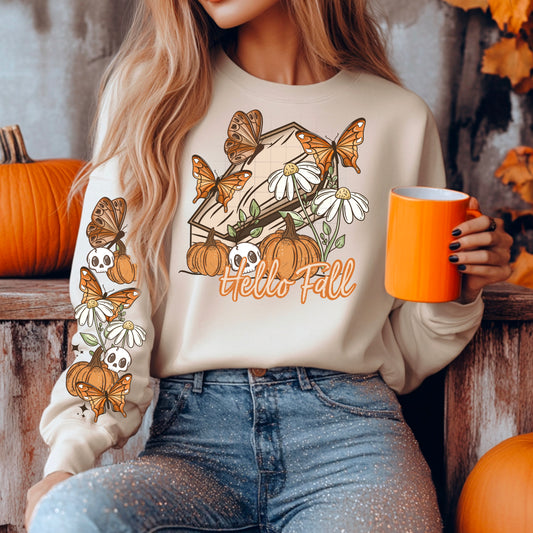 🍂 Hello Fall Sweatshirt – Cozy Autumn Butterflies, Pumpkins & Skulls