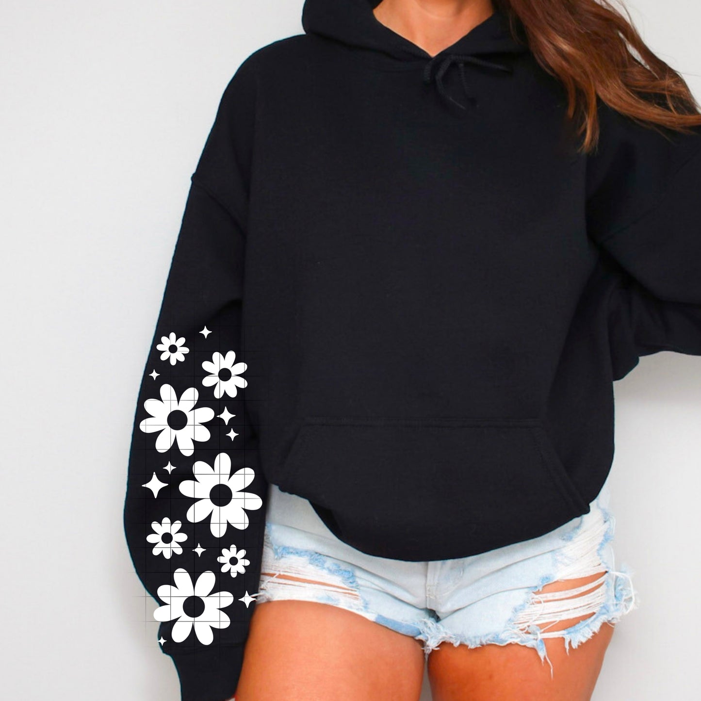 🌼 Daisy Sleeve Hoodie – Minimalist Floral Graphic Hoodie | Retro 70s Flower Sleeve Design | Cozy Unisex Pullover