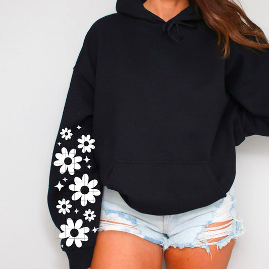 🌼 Daisy Sleeve Hoodie – Minimalist Floral Graphic Hoodie | Retro 70s Flower Sleeve Design | Cozy Unisex Pullover