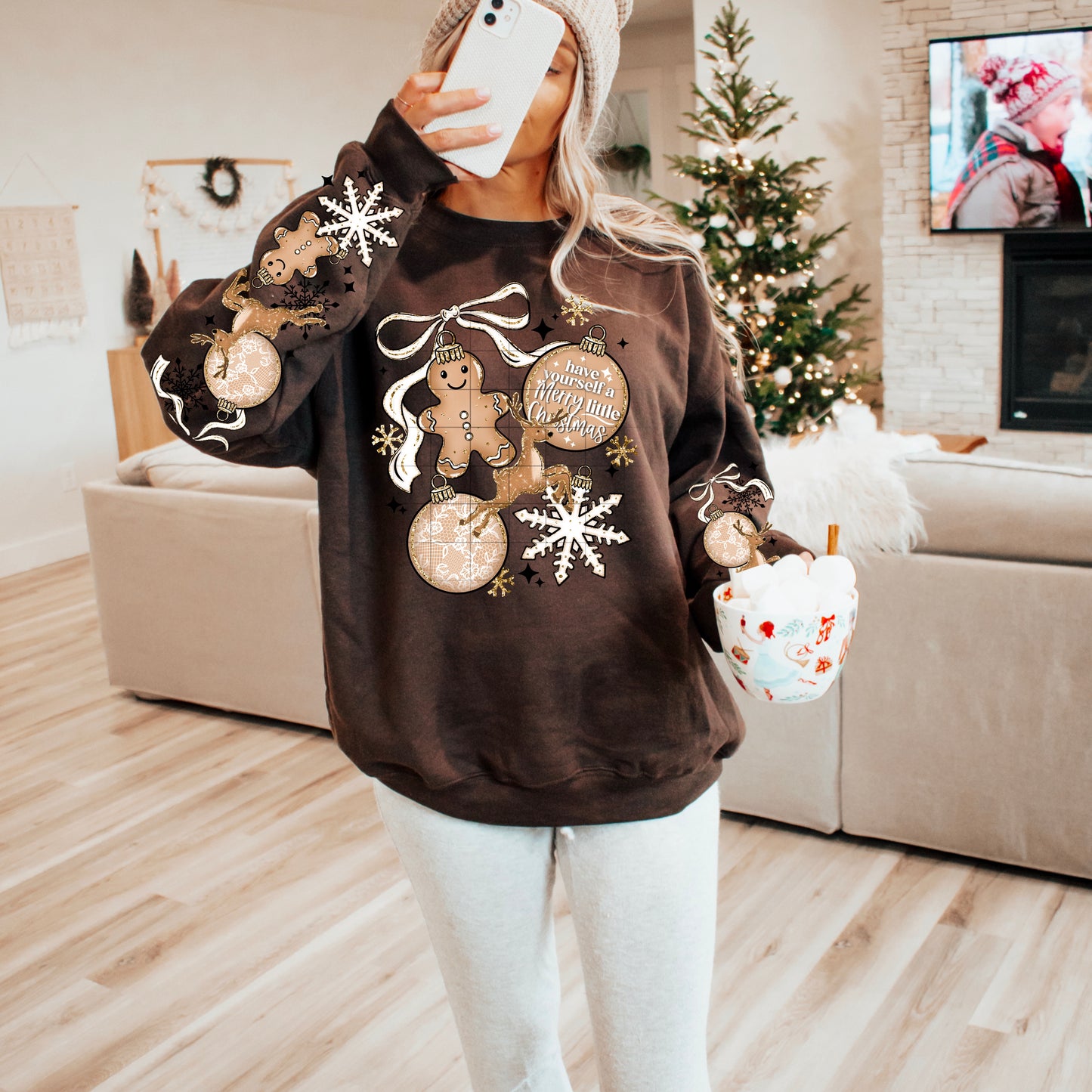 🍪 Have Yourself a Merry Little Christmas Sweatshirt 🎄 Gingerbread Ornaments Brown Crewneck ✨ Cute Holiday Sweater