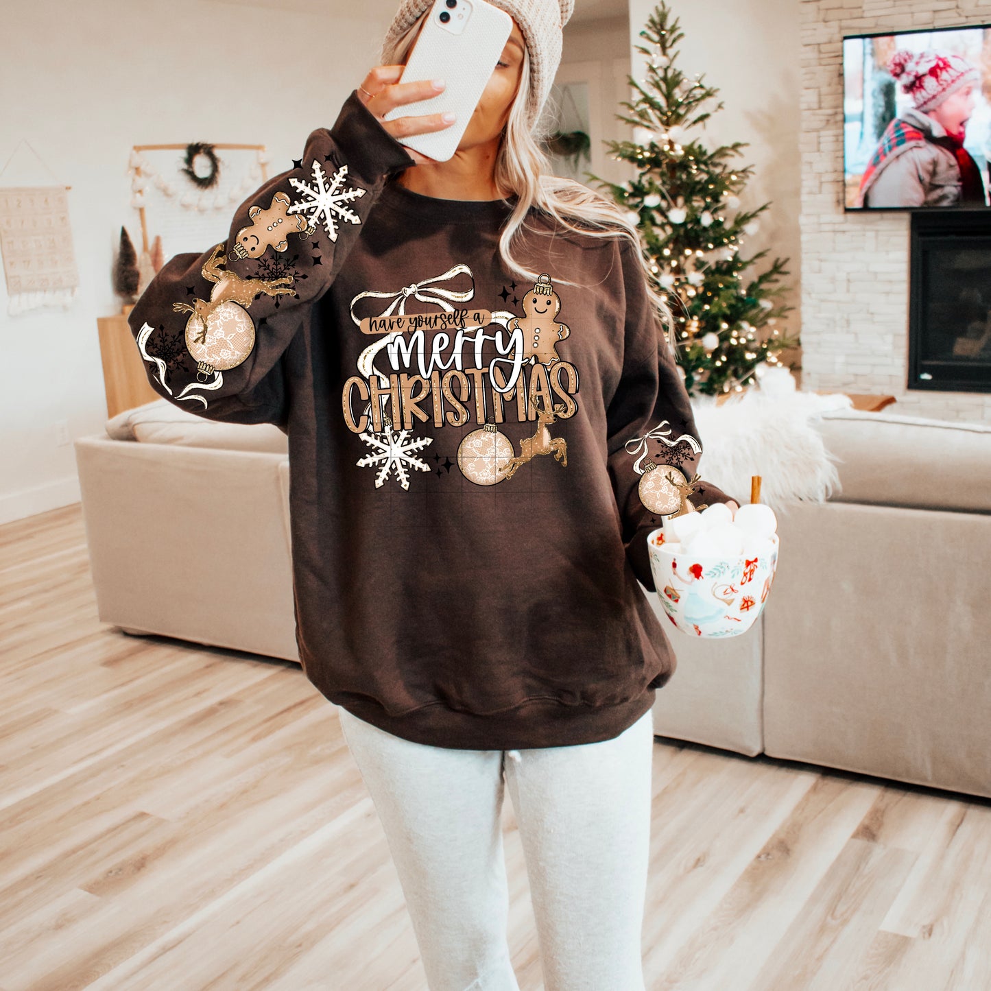 🍪 Have Yourself a Merry Christmas Sweatshirt – Gingerbread & Ornament Sleeve Design | Cozy Holiday Crewneck | Unisex Winter Pullover