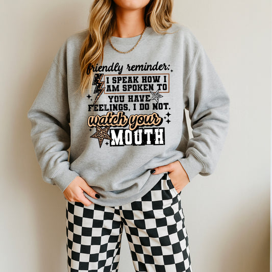 ⚡ Friendly Reminder “Watch Your Mouth” Sweatshirt – Sassy Graphic Crewneck | Retro Stars & Bold Typography | Cozy Unisex Pullover