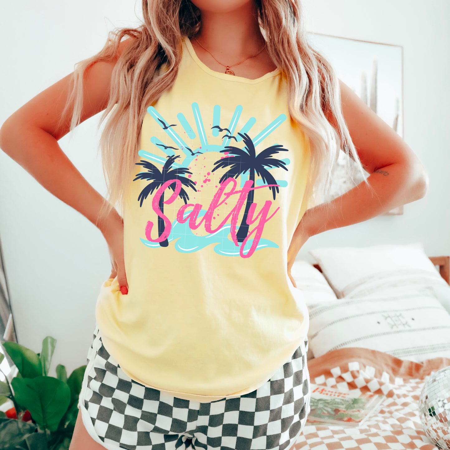 Salty Palm Tree Tank – Retro Neon Beach Vibes Graphic Tee
