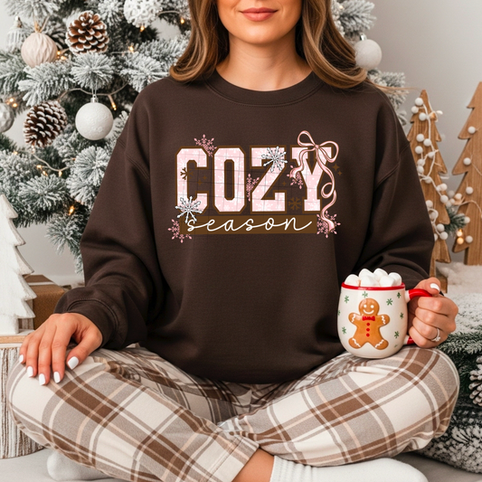 ❄️ Cozy Season Sweatshirt – Pink Bow & Snowflake Christmas Crewneck | Cute Winter Graphic Sweater | Unisex Cozy Pullover