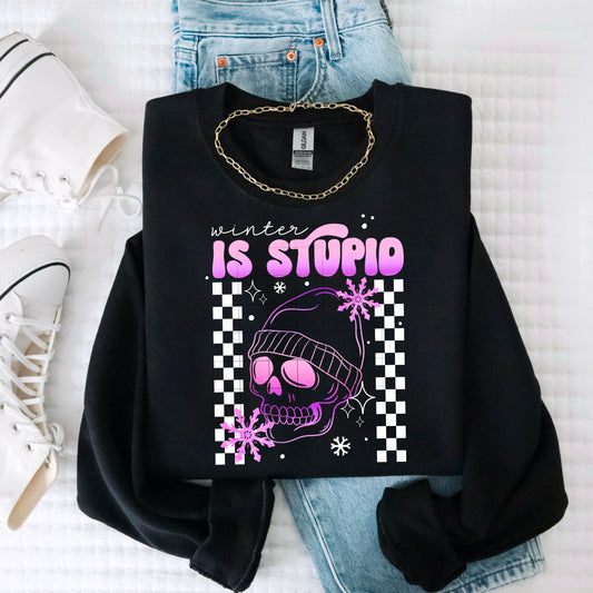 Winter Is Stupid Sweatshirt – Funny Skull Beanie Design | Retro Grunge Aesthetic Pullover