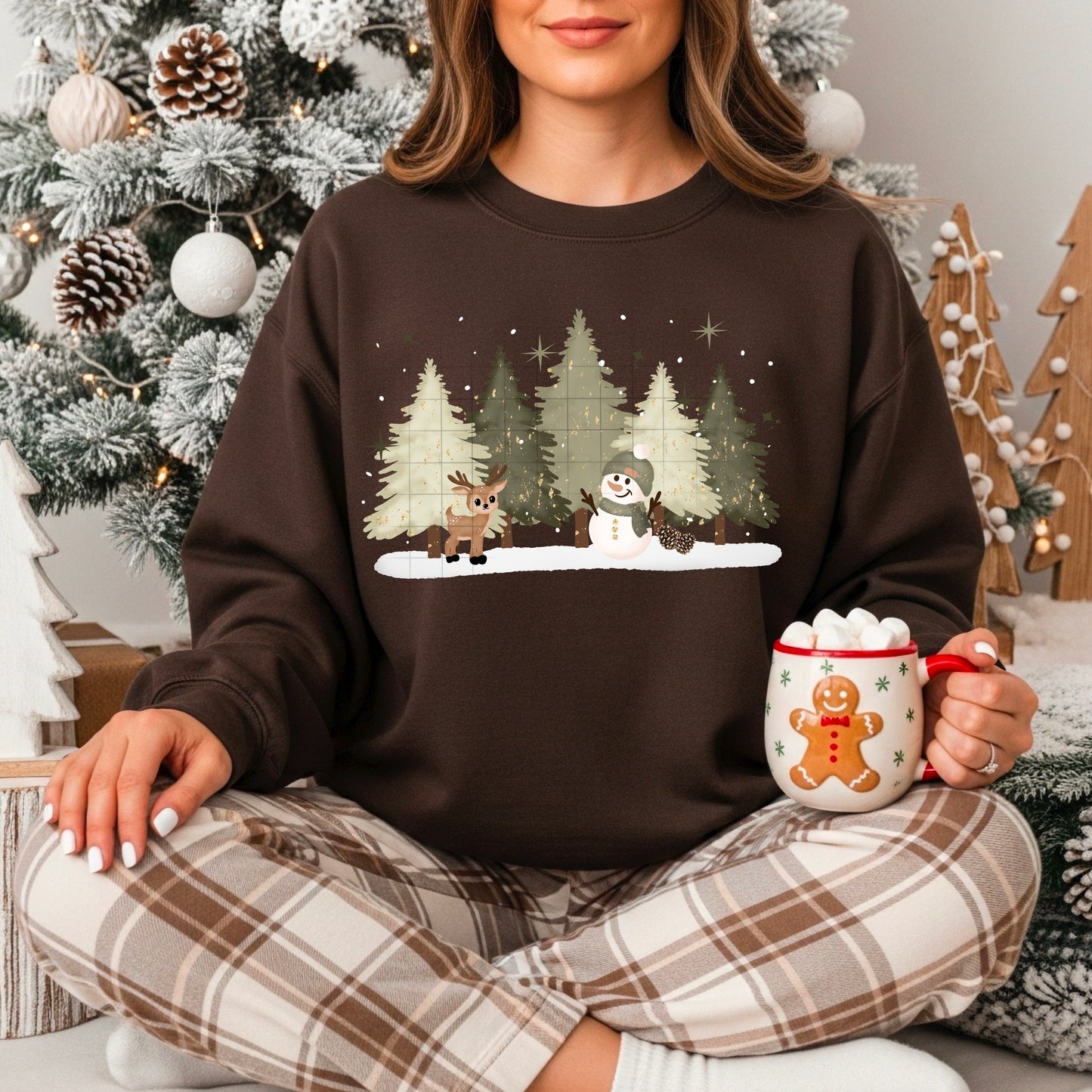Reindeer & Snowman Sweatshirt – Cozy Brown Christmas Pullover | Neutral Winter Holiday Top