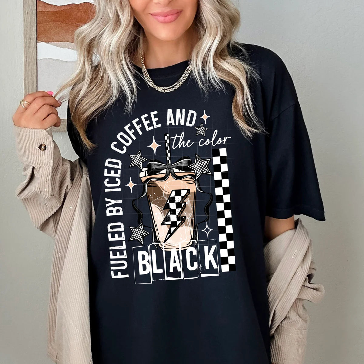 Fueled by Iced Coffee and The Color Black Womens Graphic T-shirt