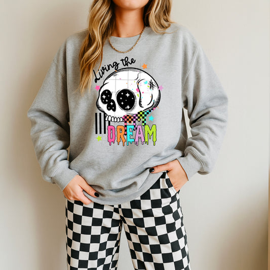 Living the Dream Skull Sweatshirt – Retro Neon Drip Design | Grunge Aesthetic Crewneck