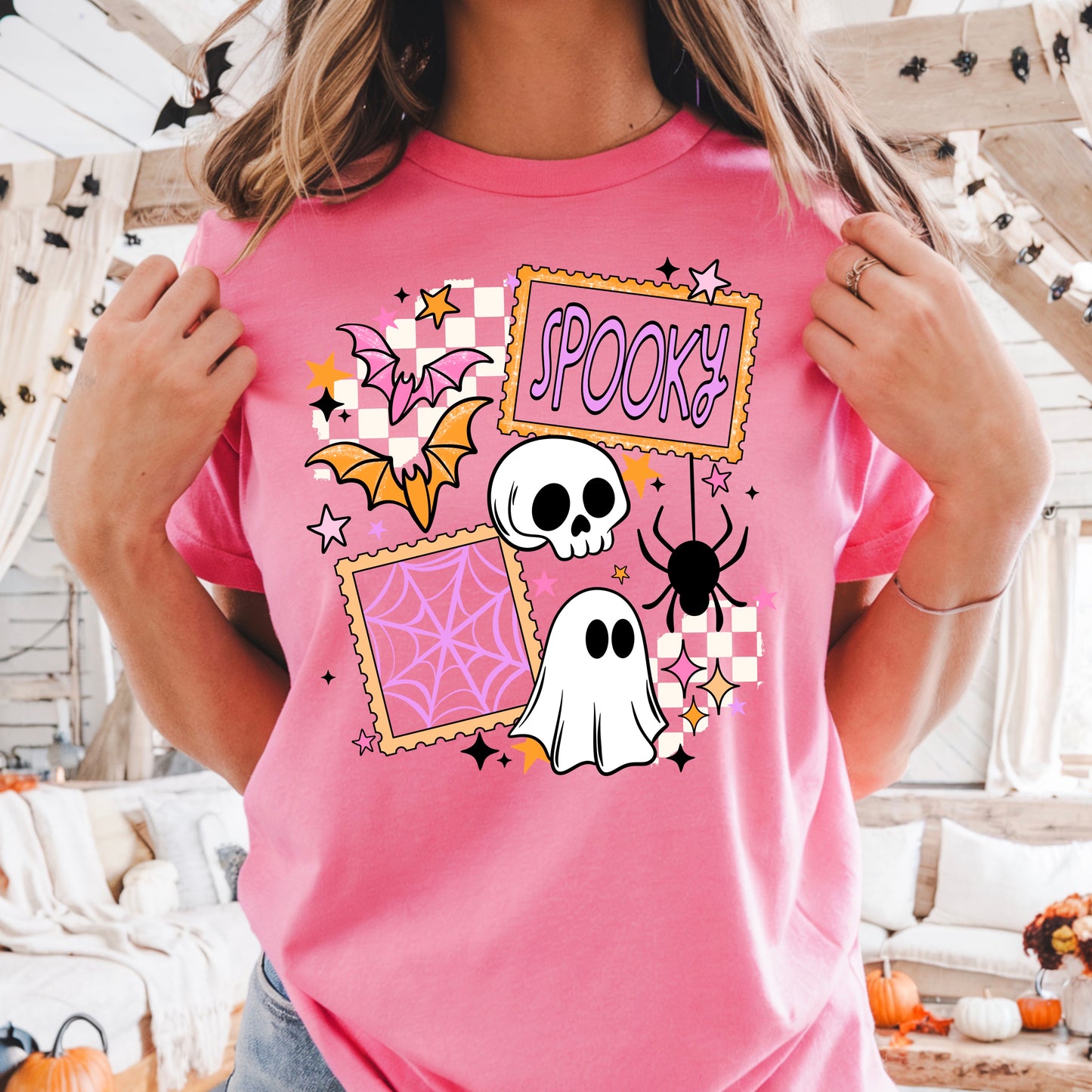 👻 Spooky Cute Halloween Graphic Tee | Pink Ghost & Skull Shirt | Cute Pastel Halloween T-Shirt | Coquette Spooky Season Tee
