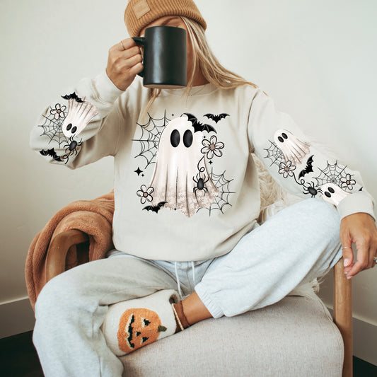 Cute Ghost Halloween Sweatshirt | Ghost & Spider Web Crewneck | Cozy Fall Ghost Pullover | Neutral Halloween Sweatshirt | Bat Sleeve Crewneck | Spooky Season Sweatshirt | Cute Ghost Lover Gift 👻🕸️🦇🍂✨