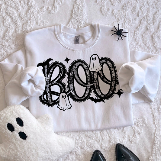 BOO Ghost Sweatshirt | Coquette Halloween Sweatshirt | Lace Ghost Crewneck | Cute Spooky Season Pullover | Minimal Halloween Shirt | Fall Ghost Gift 👻🖤