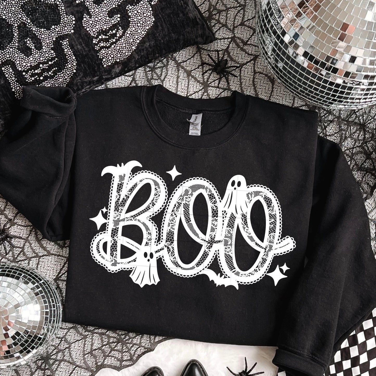 👻 Boo Ghost Halloween Sweatshirt | Cute Coquette Lace Spooky Crewneck | Trendy Black & White Fall Pullover | Minimal Ghost Aesthetic Sweatshirt 🕸️