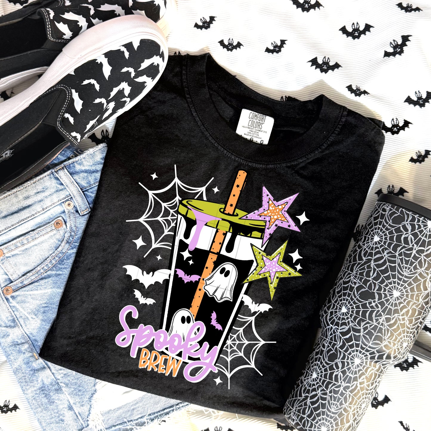 Spooky Brew Halloween Coffee Shirt | Ghost Iced Coffee Graphic Tee | Cute Spooky Season T-Shirt | Fall Coffee Lover Shirt | Halloween Graphic Tee | Boo Crew Coffee Shirt |  👻🕸️🦇☕