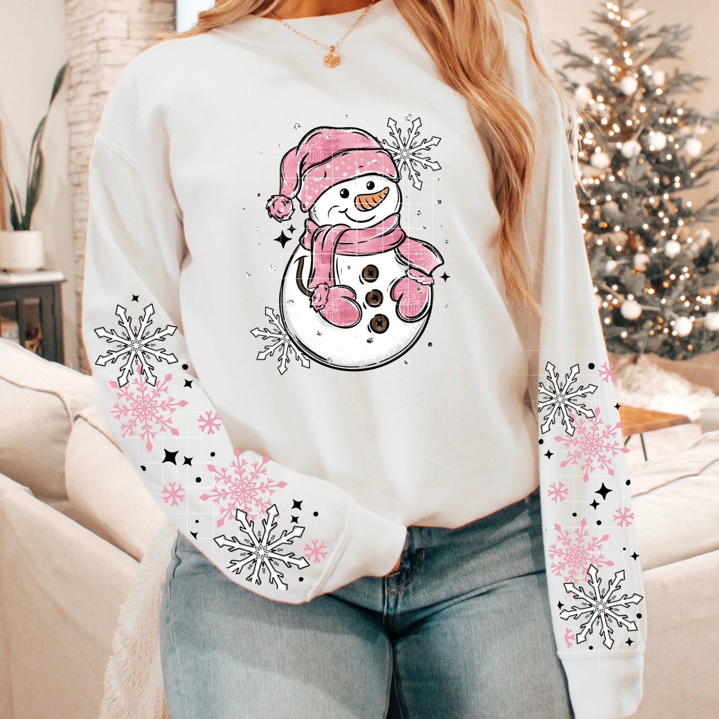 ⛄ Pink Snowman Sweatshirt – Cozy Winter Crewneck | Cute Christmas Snowflake Sleeve Design | Festive Holiday Pullover