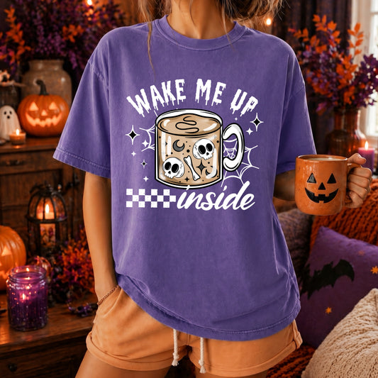 Wake Me Up Inside Halloween Coffee Shirt | Spooky Coffee Lover Tee | Ghost Coffee Mug Graphic Shirt | Cute Halloween Coffee Tee | Fall Coffee Graphic T-Shirt | ☕👻🎃