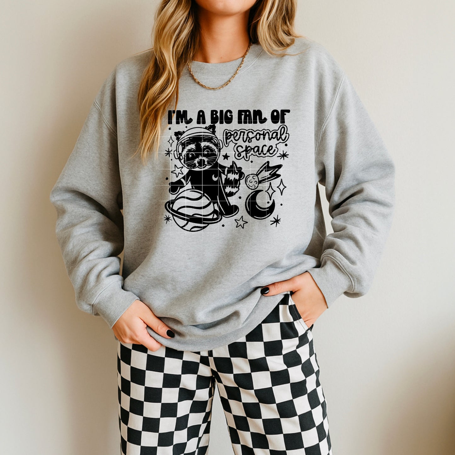 🦝 “I’m a Big Fan of Personal Space” Sweatshirt – Space Raccoon Graphic Crewneck | Funny Introvert Sweater | Unisex Cozy Pullover