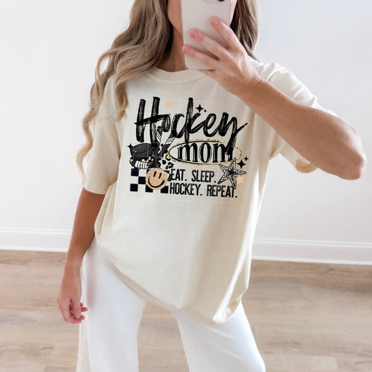 🏒 Hockey Mom Graphic Tee | Eat Sleep Hockey Repeat Shirt | Trendy Sports Mom T-Shirt | Cute Neutral Hockey Mama Tee